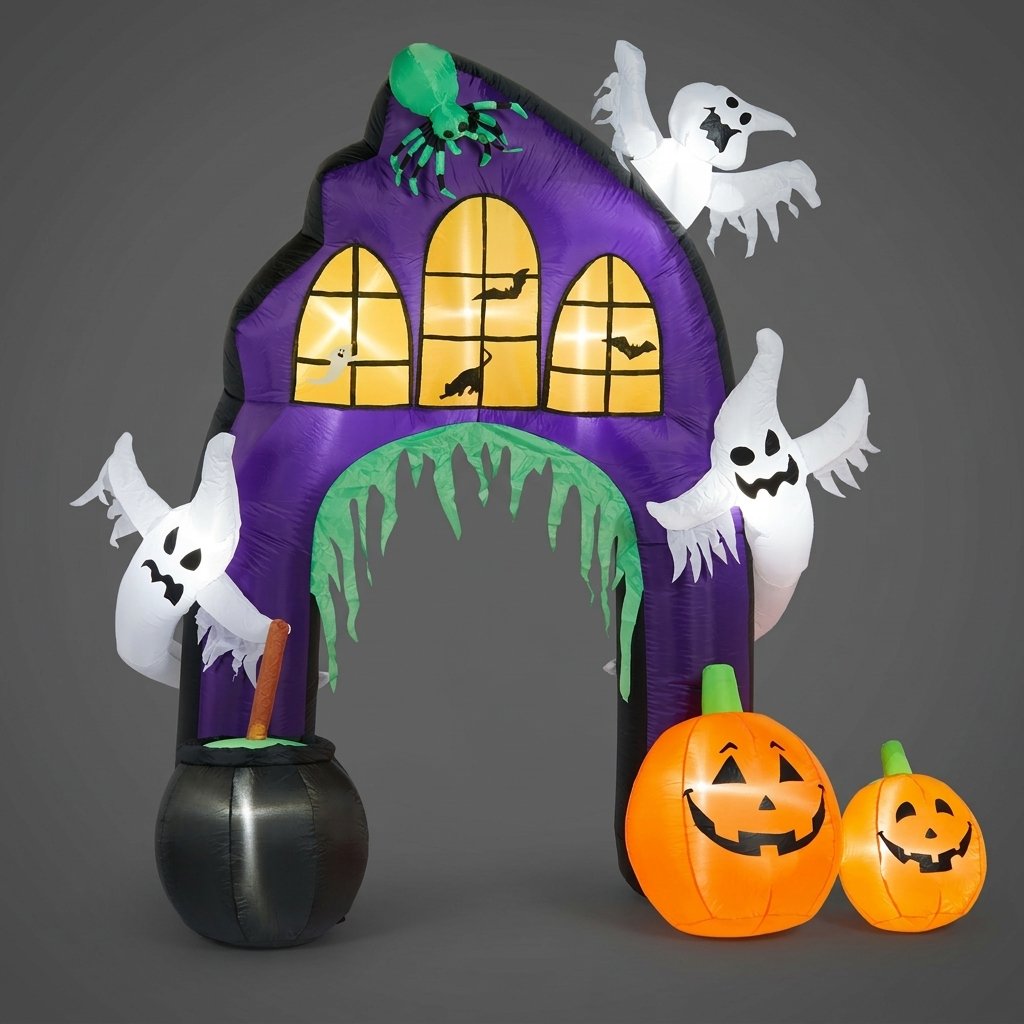 2.5m Haunted House Inflatable Arch with Ghosts, Pumpkins and Spider – LED Lit Halloween Garden Decoration
