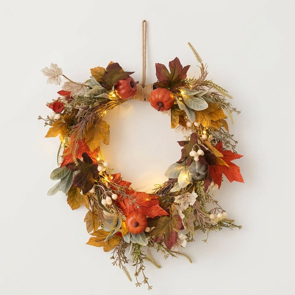 50 cm Pre-Lit Pumpkin Lane Autumn Wreath with 20 LED Lights and 6-Hour Timer