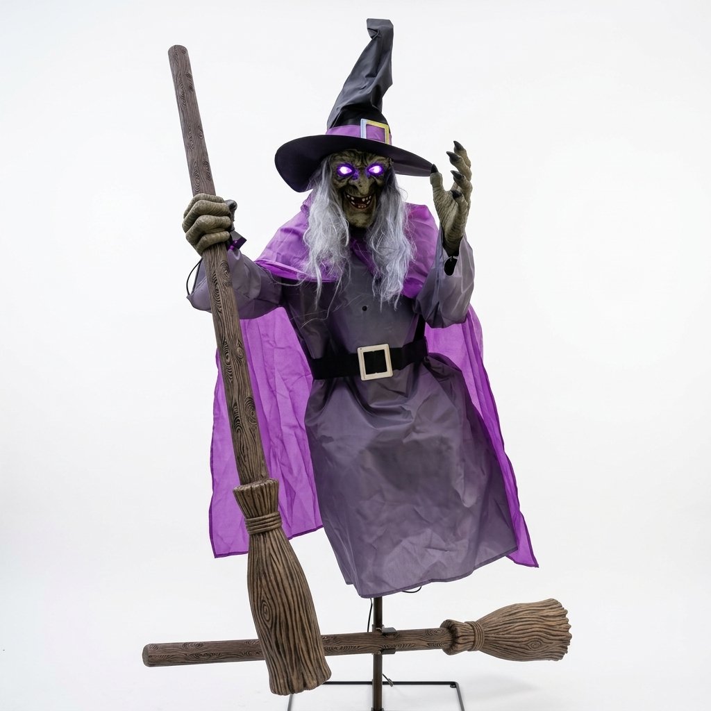 6-Foot Flying Witch Halloween Yard Decoration with Floating Broomstick Effect and Lifelike Face