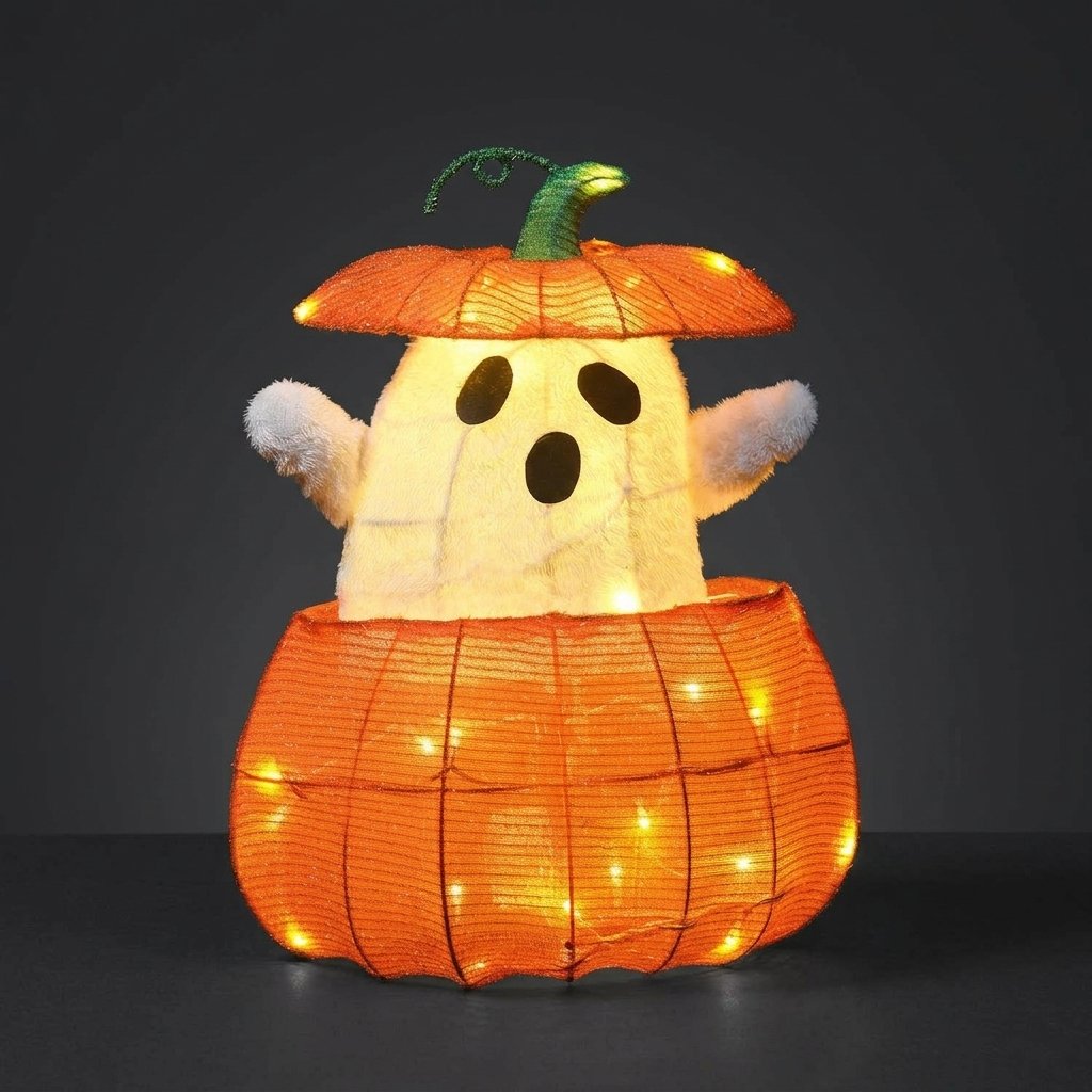 Animated Light-Up Ghost in a Pumpkin Halloween Decoration with 35 Warm White LEDs