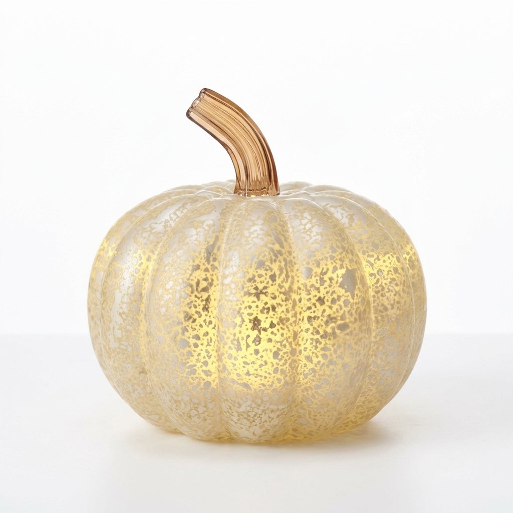 Antique White Glass Pumpkin with Warm LED Light and Amber Stem