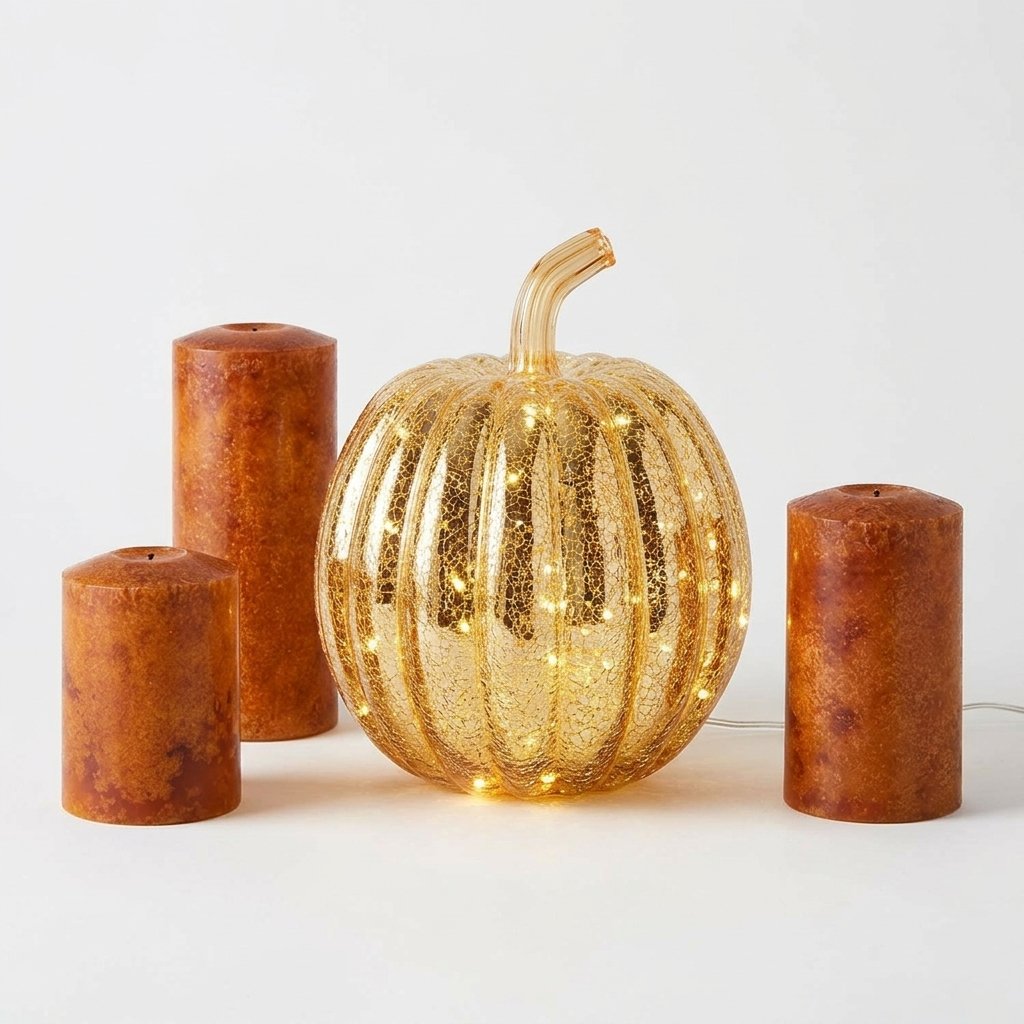 Autumn Glow Mercury Glass Pumpkin and Flameless Pillar Candle Bundle