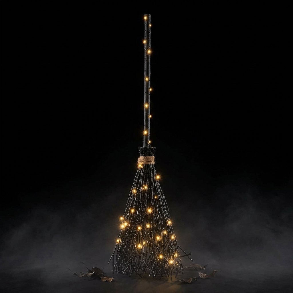 Black Witch's Broom Outdoor LED Halloween Decoration with 50 Warm White Lights and Timer