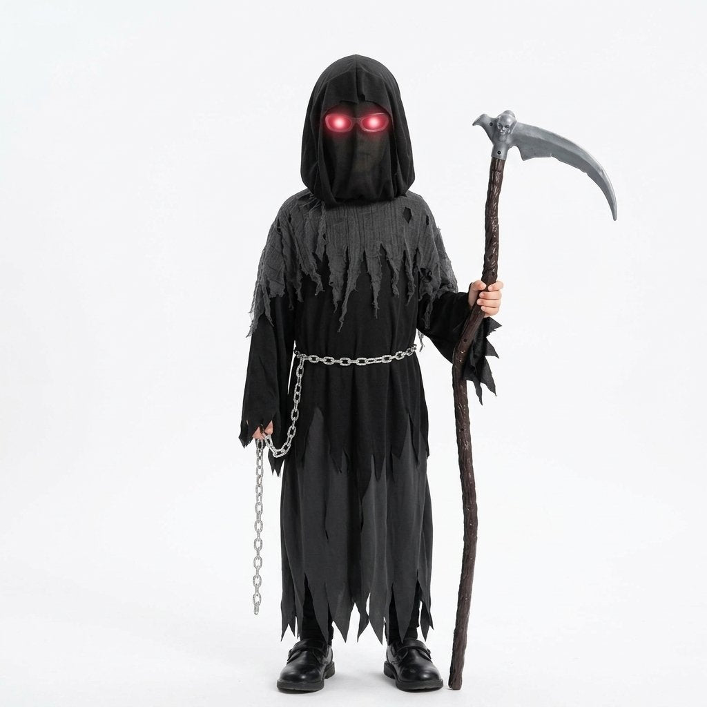 Children's Grim Reaper Halloween Costume Set with Glowing Red Eyes and Toy Scythe