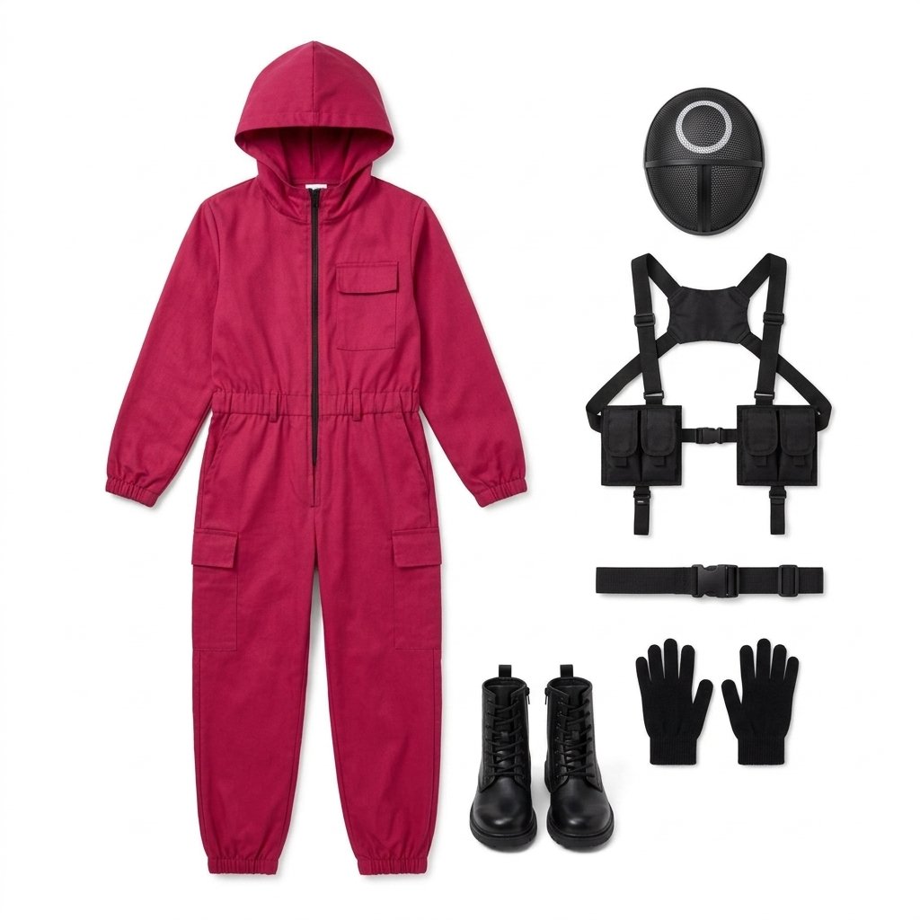 Children's Red Hooded Jumpsuit Halloween Costume with Mesh Mask, Gloves and Shoulder Holster