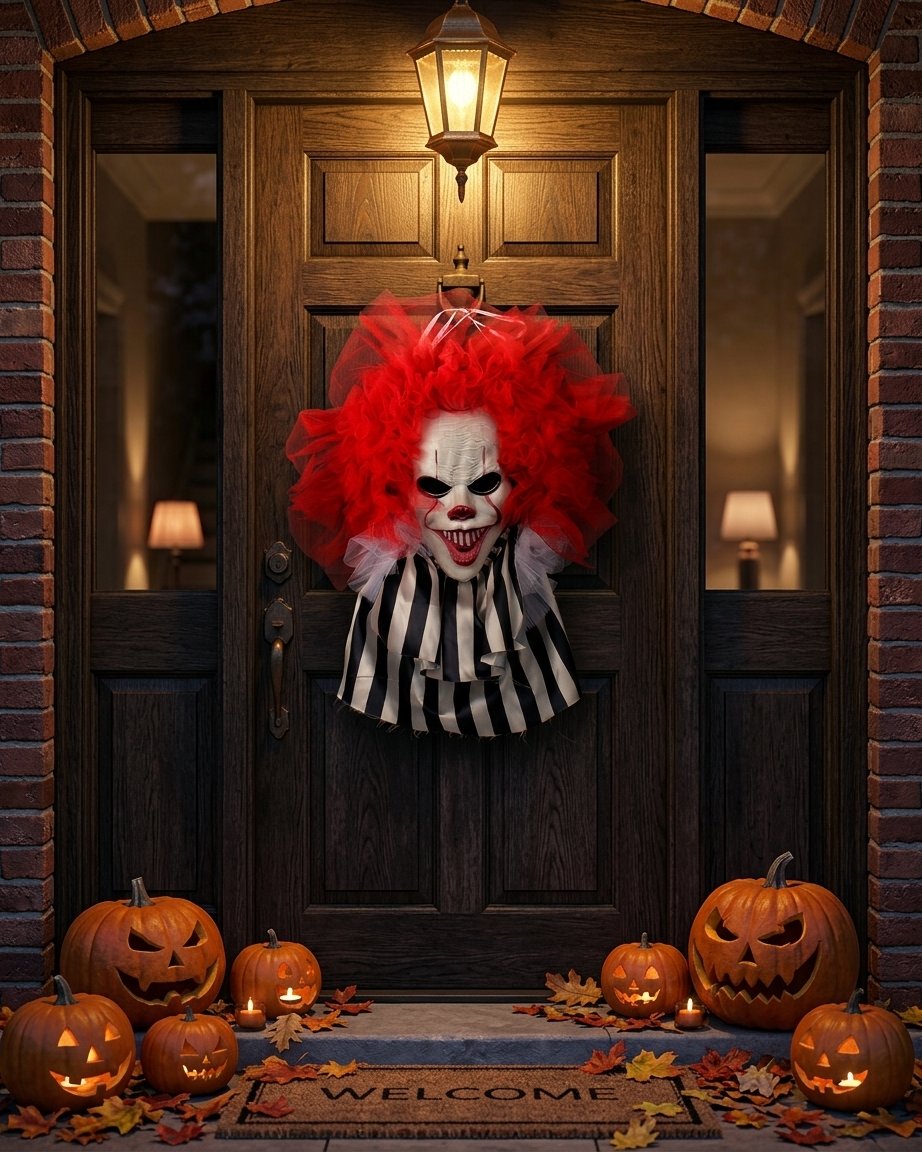 Clown Mask Halloween Hanging Wreath, Red