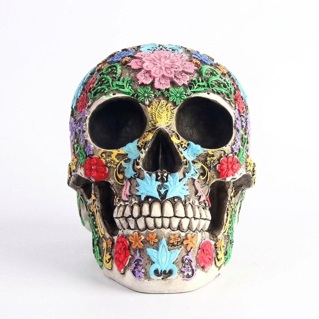 Colourful Floral Resin Skull Ornament with Raised Vine Detail