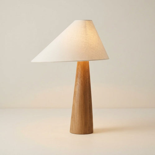 Conical Oak Wood Table Lamp with Fabric Shade – Wabi Sabi Style