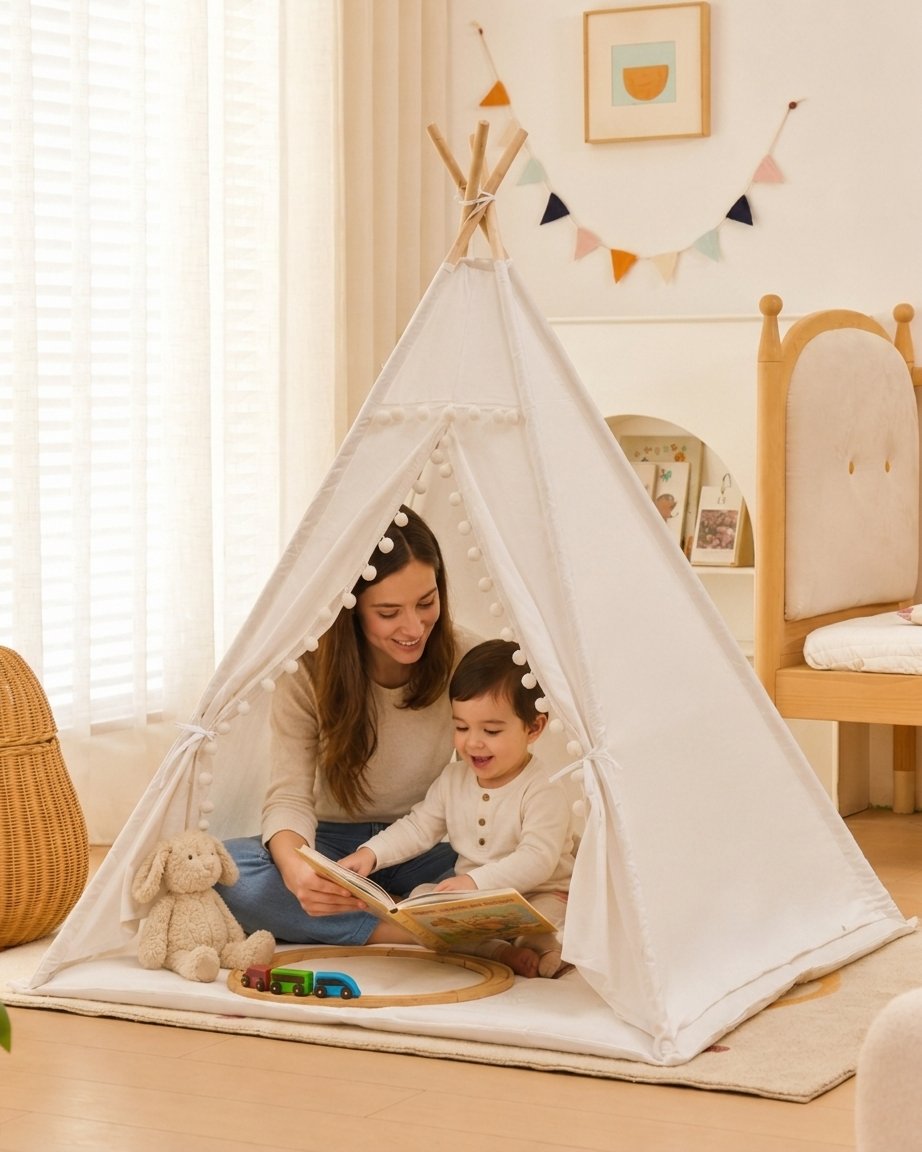 Cotton Teepee Play Tent with Pom-Poms