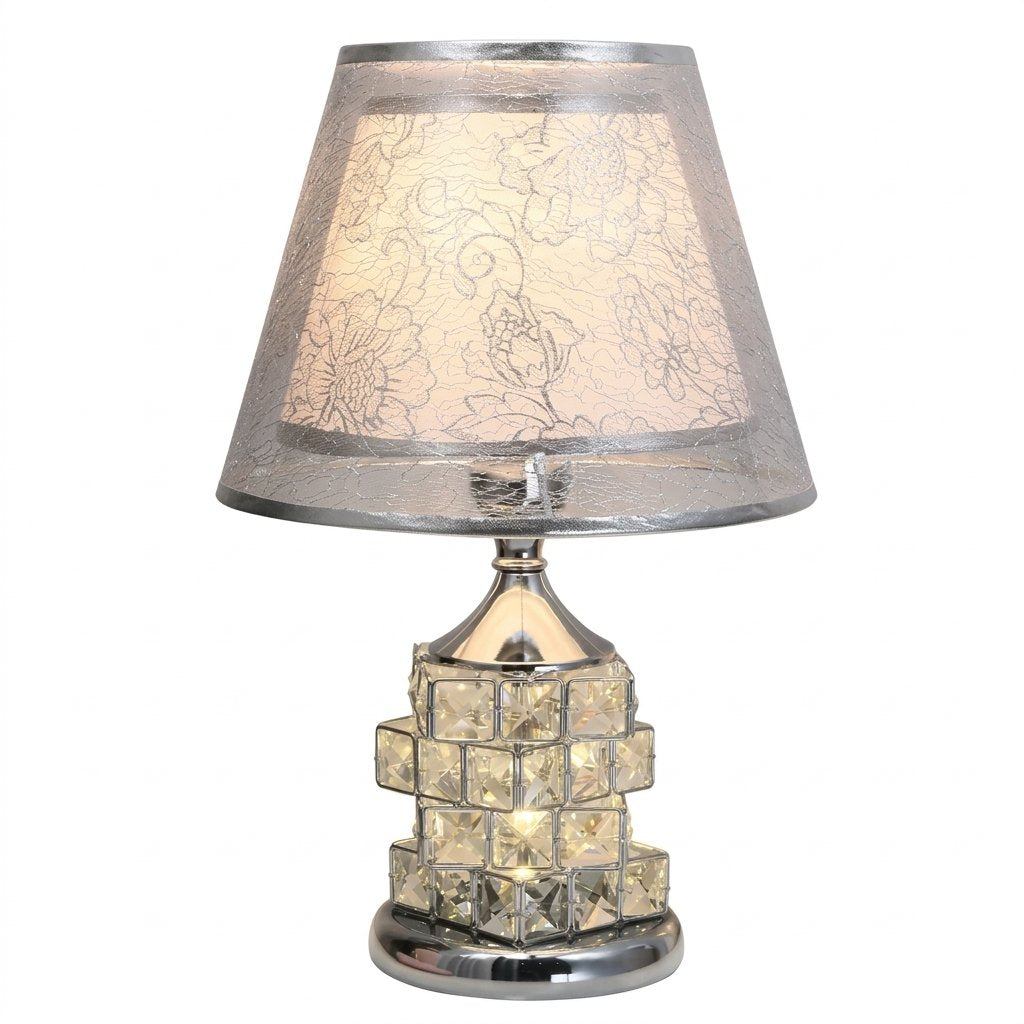 Crystal Block Table Lamp with Floral Fabric Shade