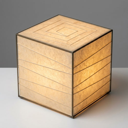 Cube table lamp with touch dimmer and integrated LED, rice paper shade and glass frame