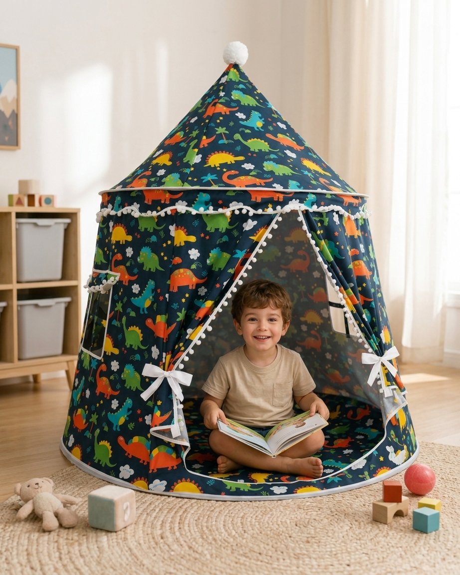 Dinosaur Kids Play Tent with Pom-Pom Trim