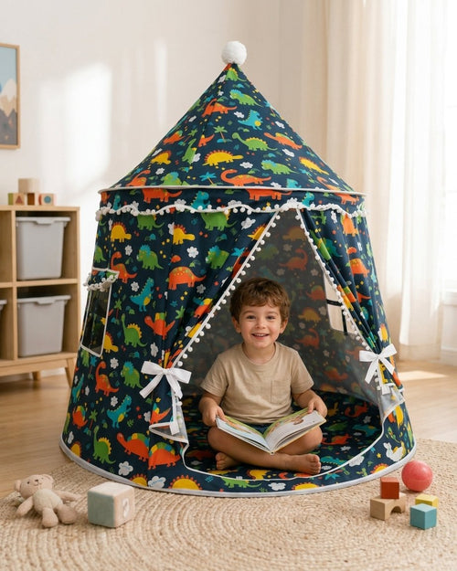 Dinosaur Kids Play Tent with Pom-Pom Trim