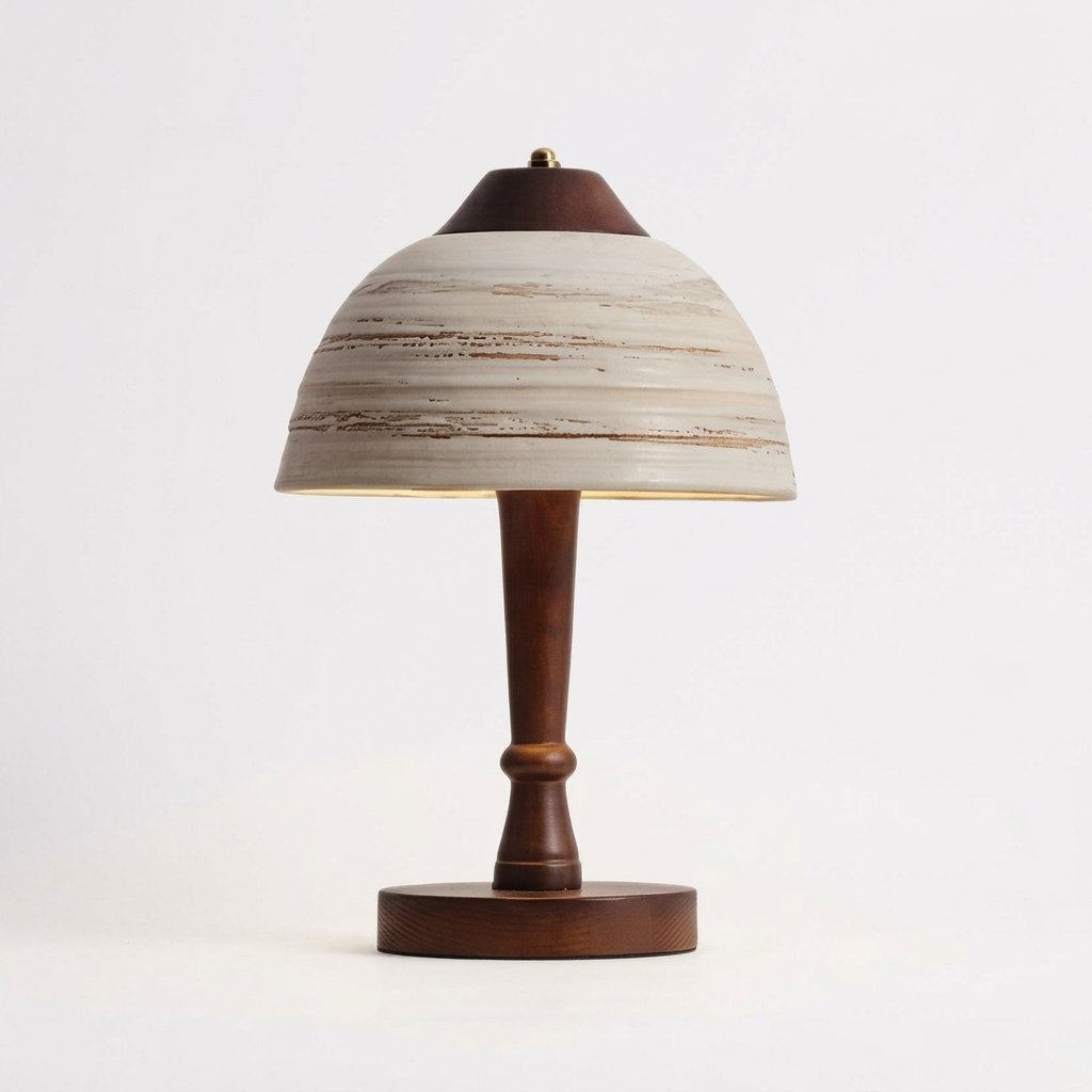 Dome Ceramic and Solid Wood Table Lamp with Ribbed Shade