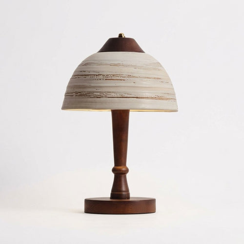 Dome Ceramic and Solid Wood Table Lamp with Ribbed Shade