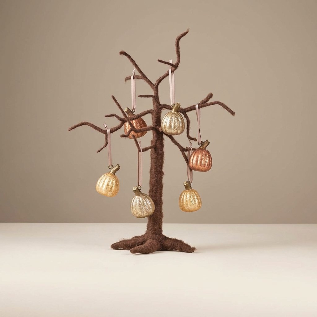 Felt Twig Tree and Hanging Glass Pumpkin Decorations Bundle
