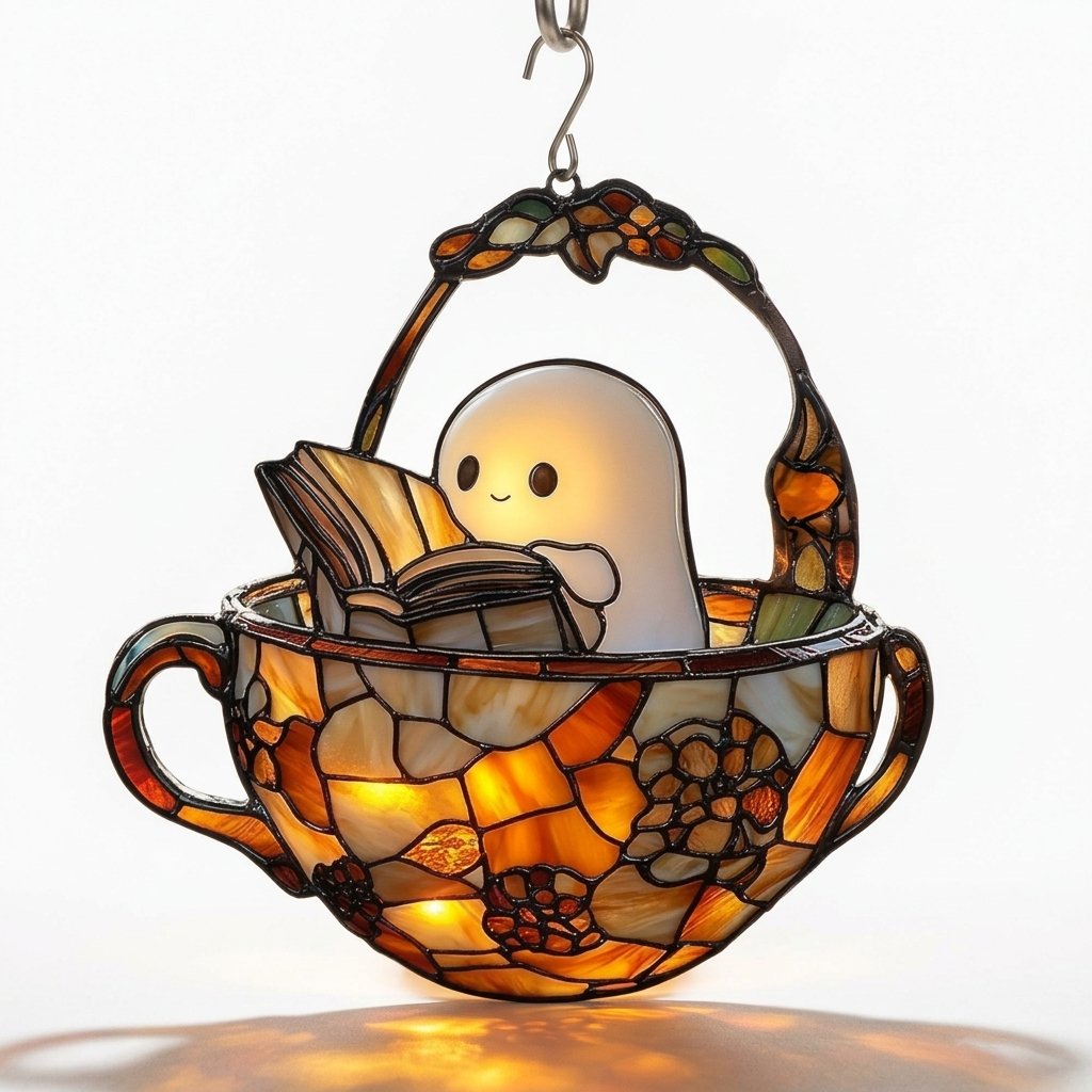 Ghost in a Teacup Stained-Glass Style Suncatcher with Book Design – Hanging Window Decoration