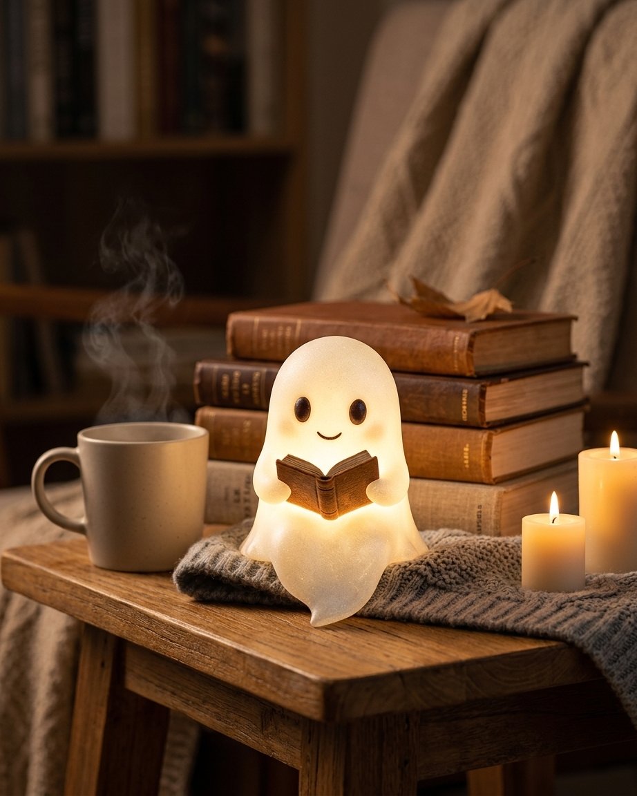 Ghost Reading Book Lamp – Halloween Resin Figurine