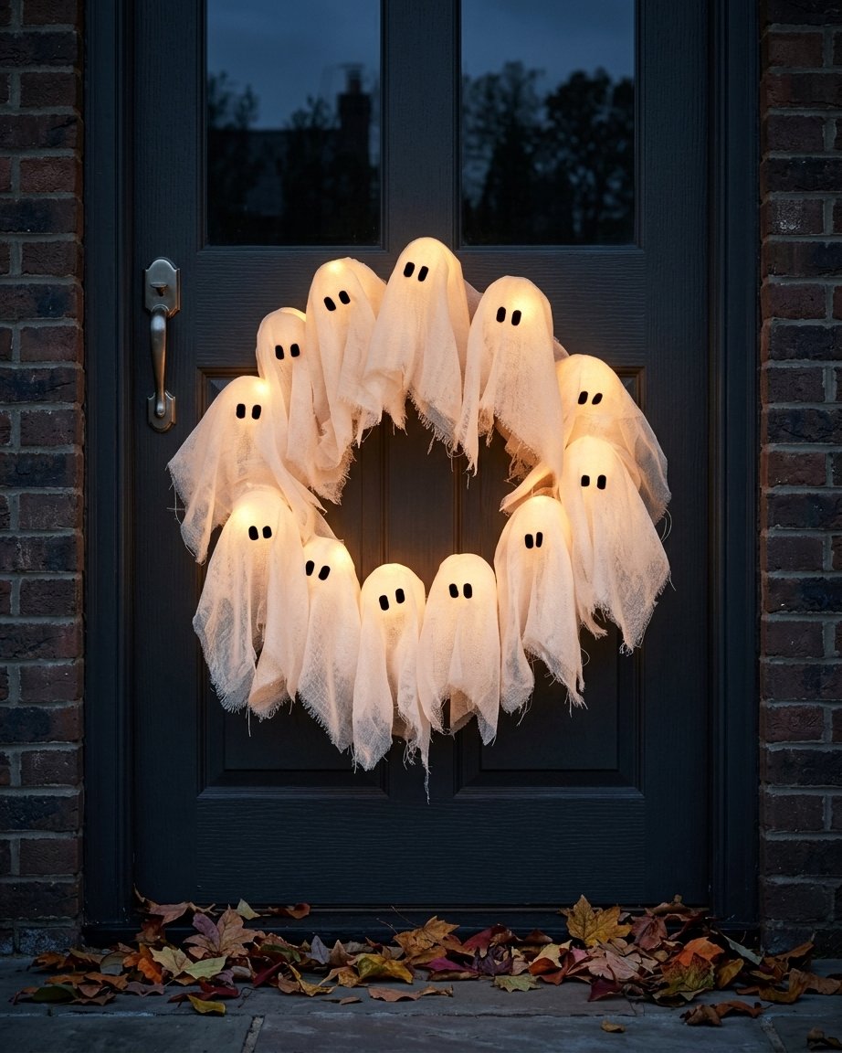 Ghost Wreath with LED Lights, Halloween Door Decor