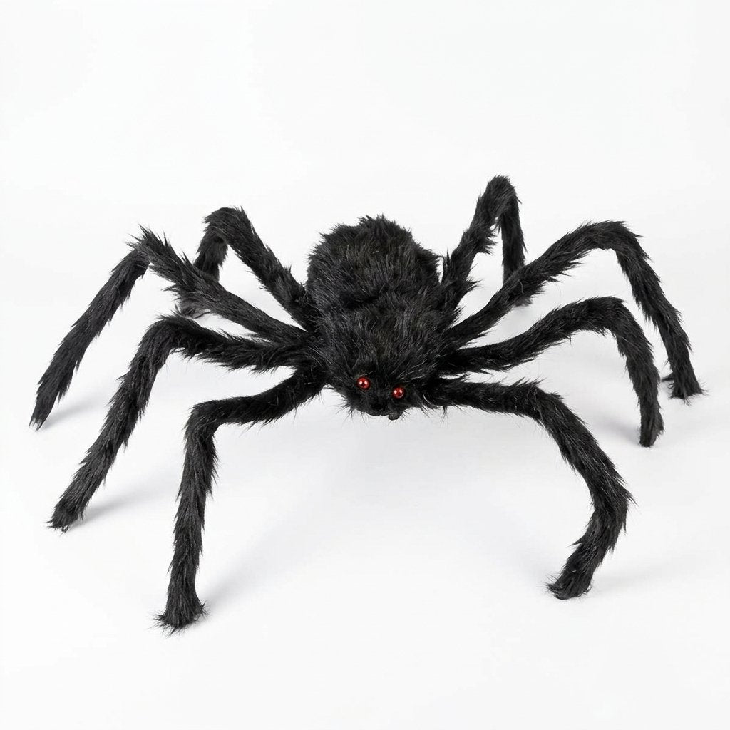 Giant Poseable Black Furry Spider Halloween Decoration with Red Eyes
