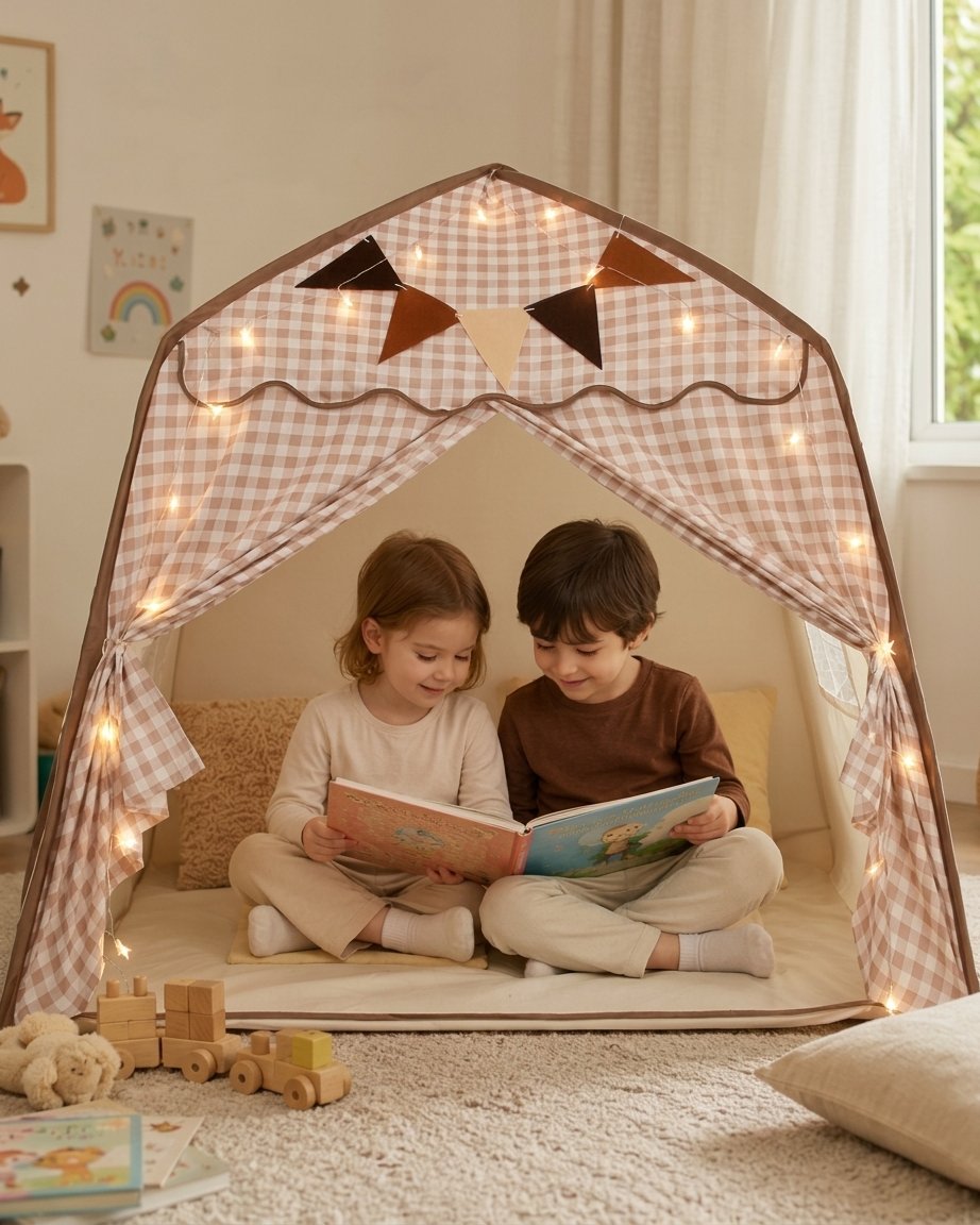 Gingham Kids Play Tent with Curtains