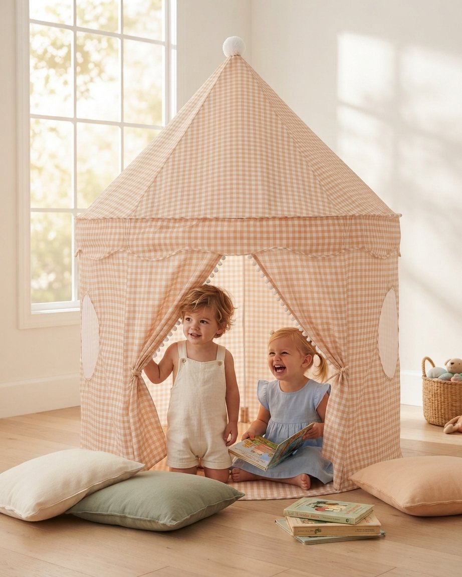 Gingham Pop-Up Play Tent – Peach