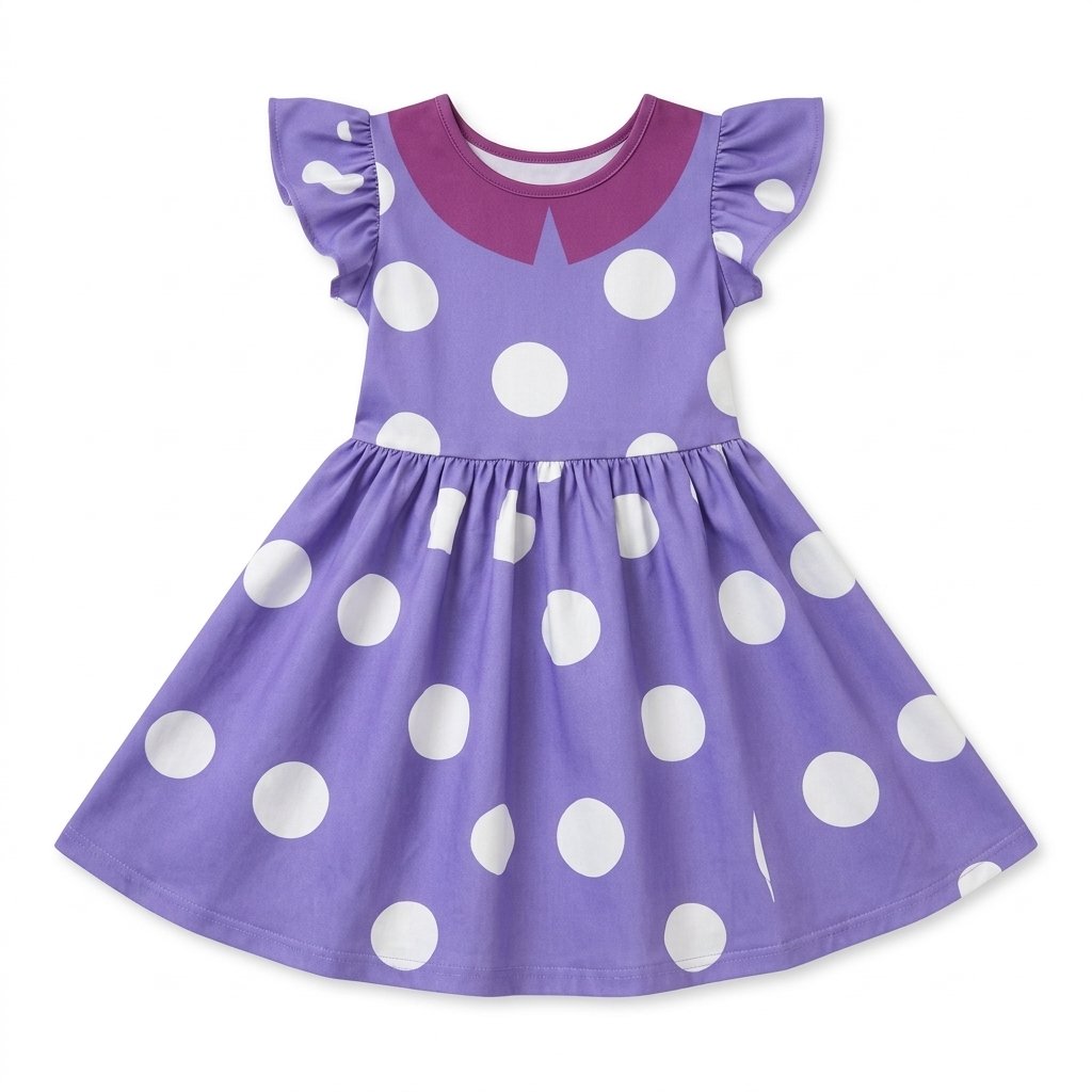 Girls' Purple Polka Dot Flutter Sleeve Costume Dress with A-Line Skirt – Ages 3 to 10