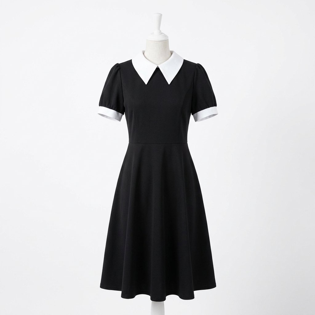 Gothic Schoolgirl Costume Dress with White Pointed Collar and Long Sleeves