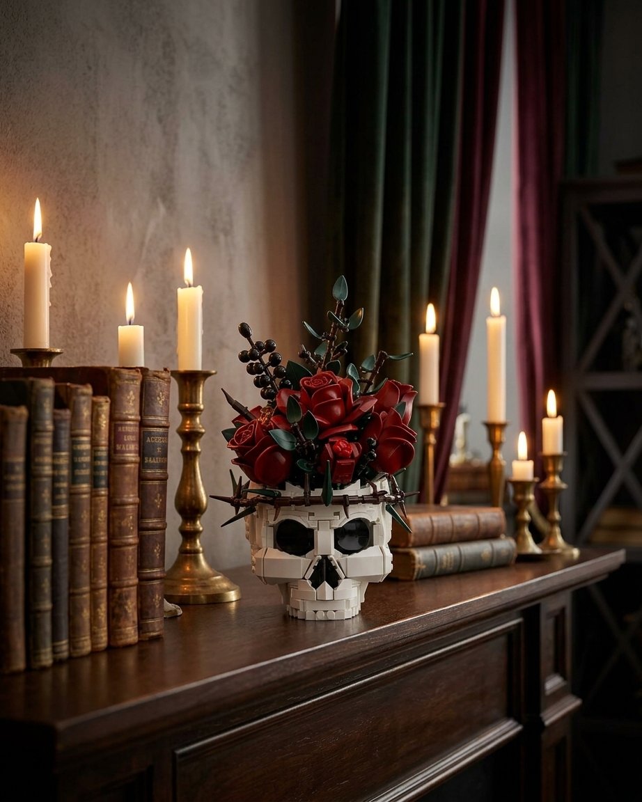 Gothic Skull Flower Arrangement with Roses