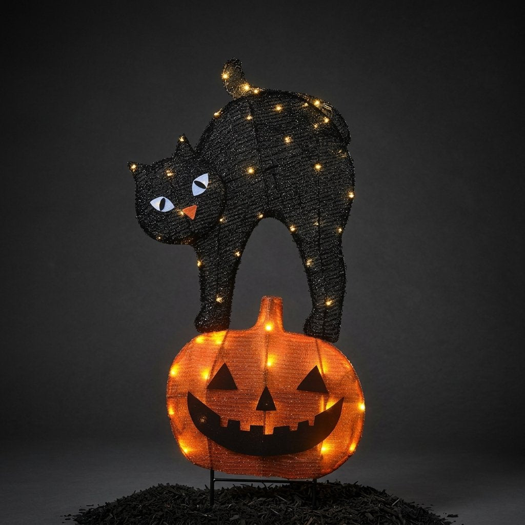 Halloween Black Cat and Jack O'Lantern Outdoor Stake Light with LED Illumination