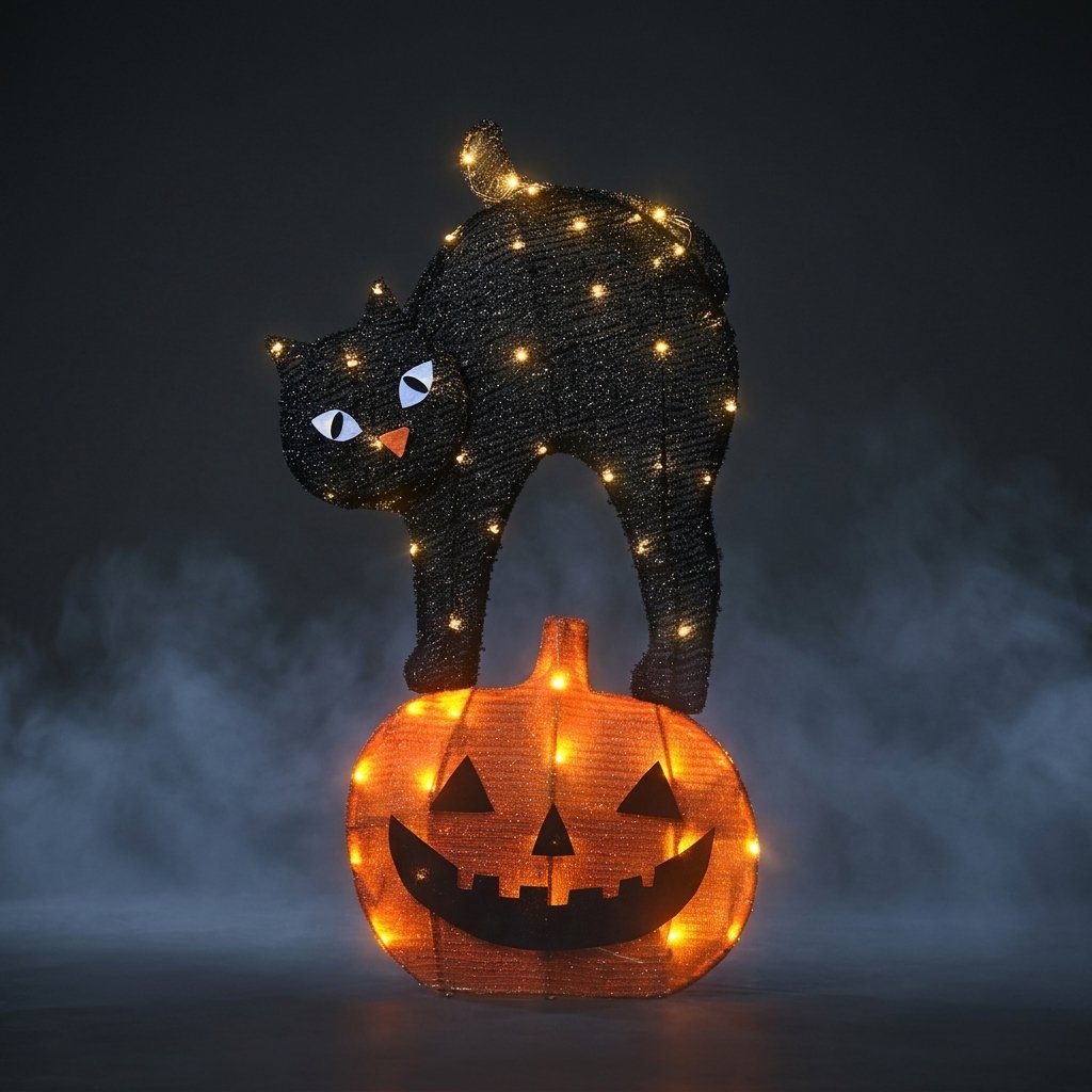 Halloween Black Cat and Jack O'Lantern Outdoor Stake Light with Timer
