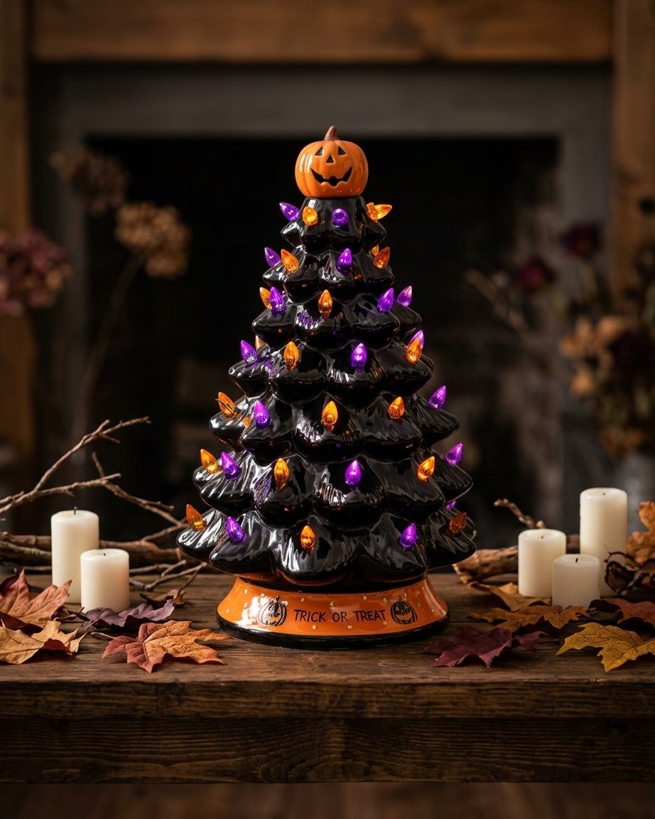 Halloween Ceramic Light-Up Tree with Pumpkin Topper