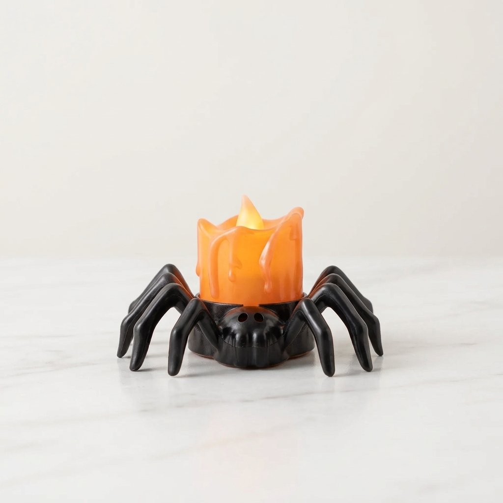 Halloween Flickering LED Spider Candle with Orange Pumpkin-Style Holder