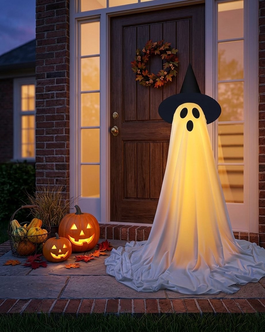 Halloween Ghost Decoration with LED Lights and Witch Hat