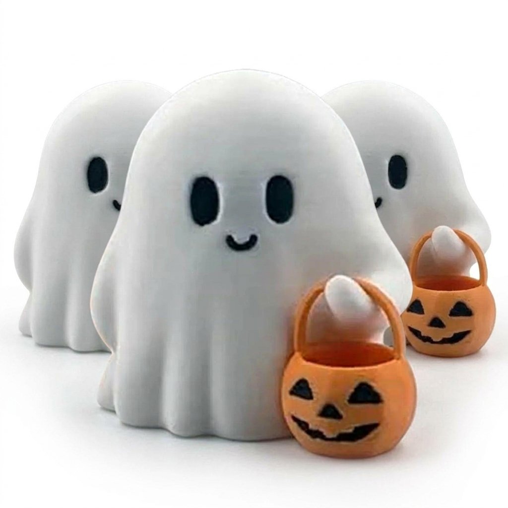 Halloween Ghost Figurines with Pumpkin Baskets – Set of 3 Resin Desk Ornaments