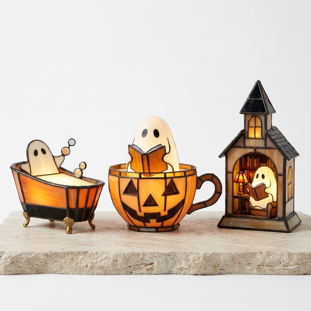 Halloween Ghost Reading Figurine Light with Stained-Glass-Style Glow – Battery-Operated Indoor Decoration