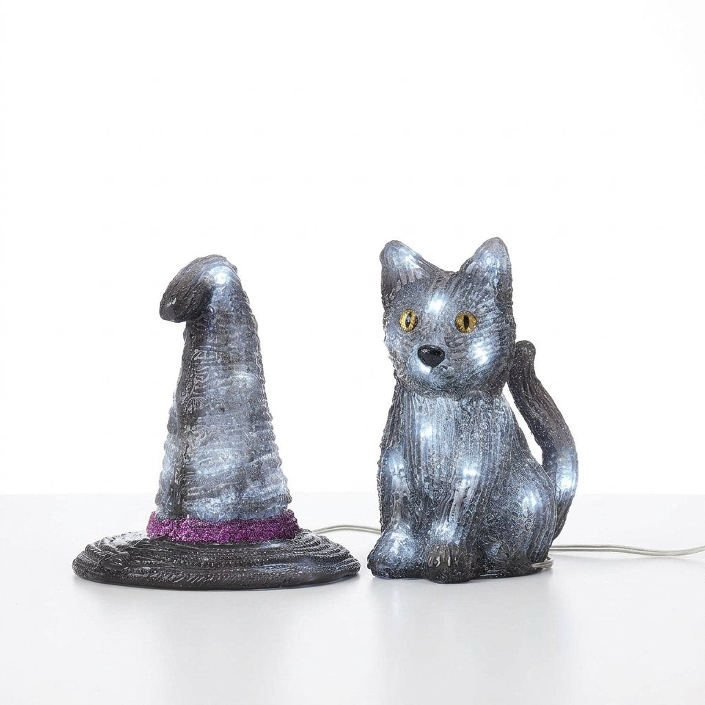 Halloween LED Acrylic Witch's Hat and Black Cat Figures with Built-In Timer – Set of 2