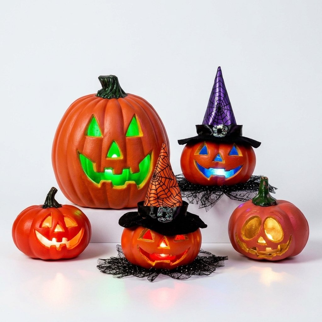 Halloween LED Jack-o'-Lantern Pumpkin Light Collection with Witch Hats and Soft Spooky Glow, Battery Operated, Set of 5