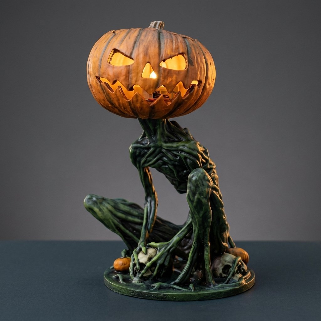 Halloween Pumpkin Creature Figurine with Battery-Powered Glowing Head