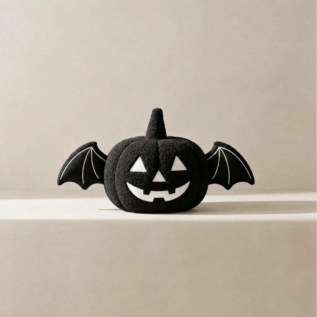 Halloween Pumpkin Cushion with Bat Wings, Plush Fleece