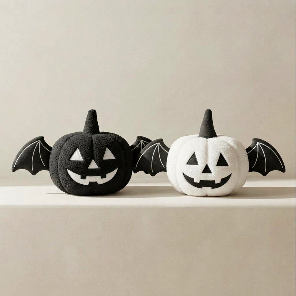 Halloween Pumpkin Plush Cushion with Bat Wings – Jack-o'-Lantern Design