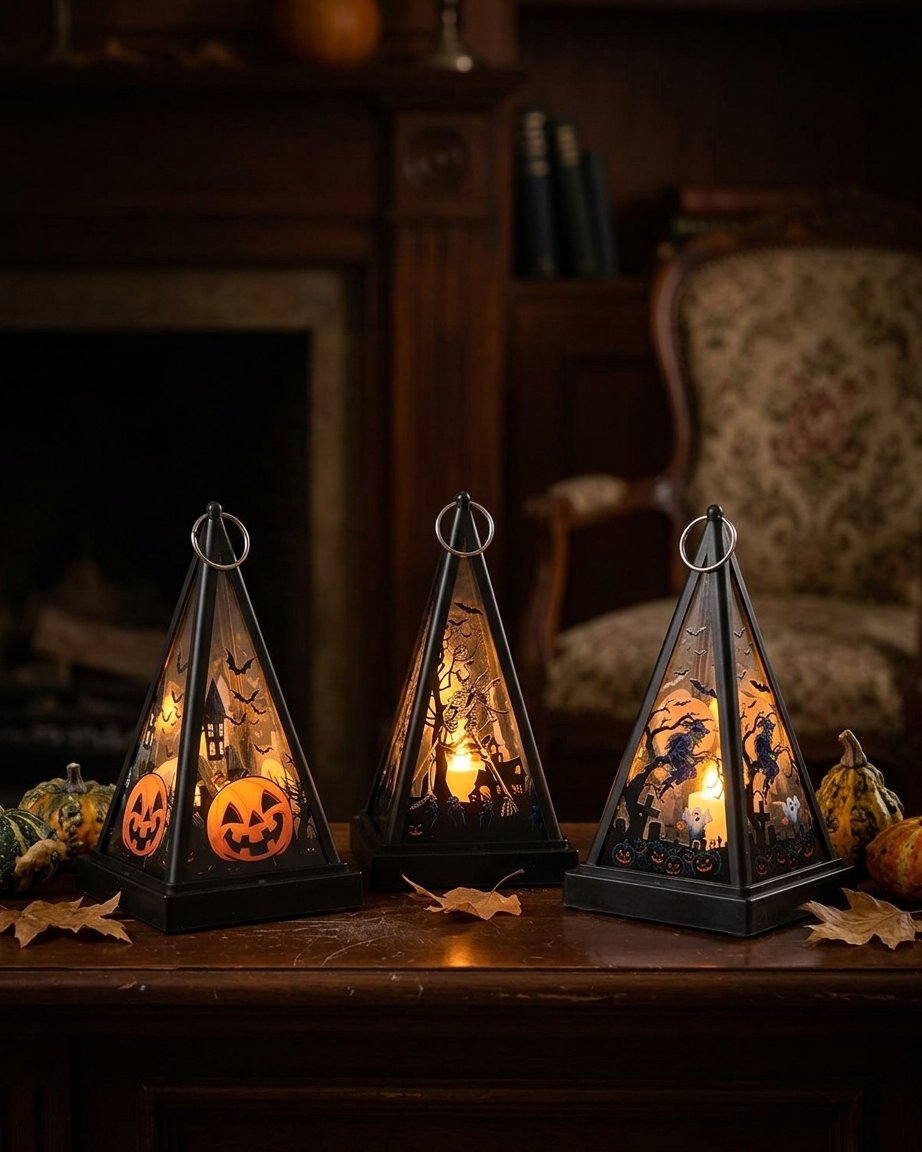 Halloween Pyramid Lantern with Flickering LED Candle