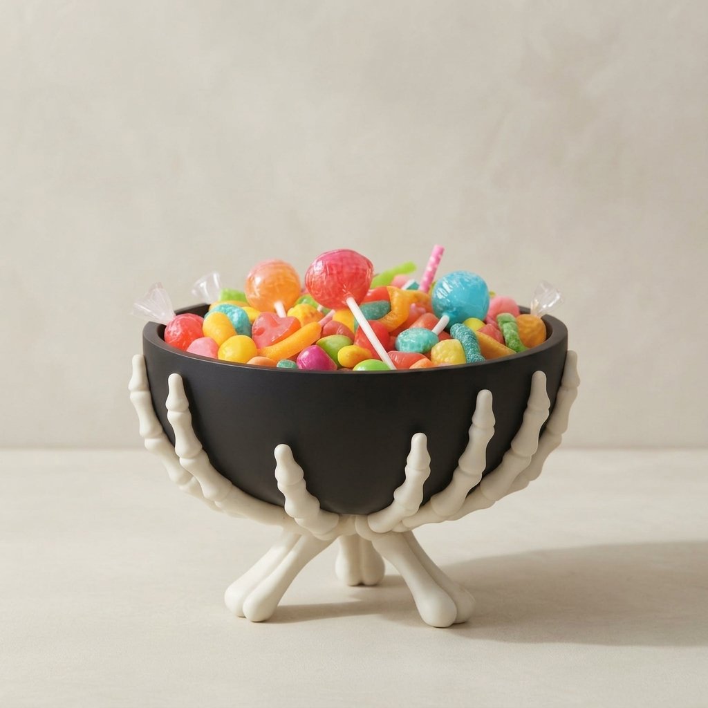 Halloween Skeleton Candy Bowl with Detachable Hands – Matte Black Gothic Serving Bowl for Seasonal Décor