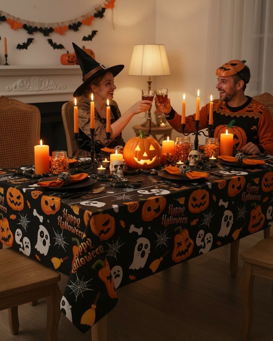 Halloween Tablecloth with Spider Web Design, Black or Purple