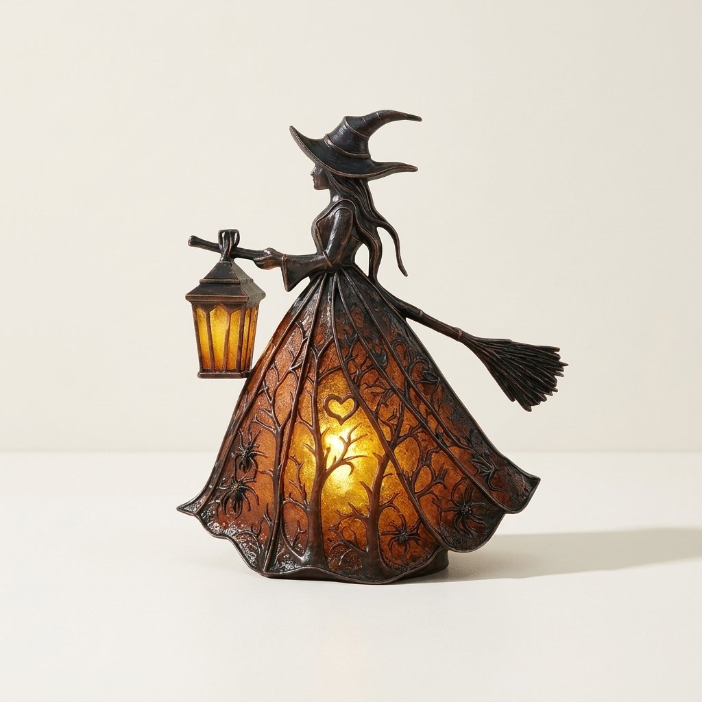 Halloween Witch Figurine Lantern with Warm LED Glow and Broom Detail