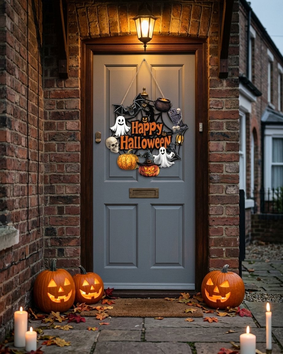 Halloween Wooden Ghost Wreath Door Sign with Pumpkin & Bat