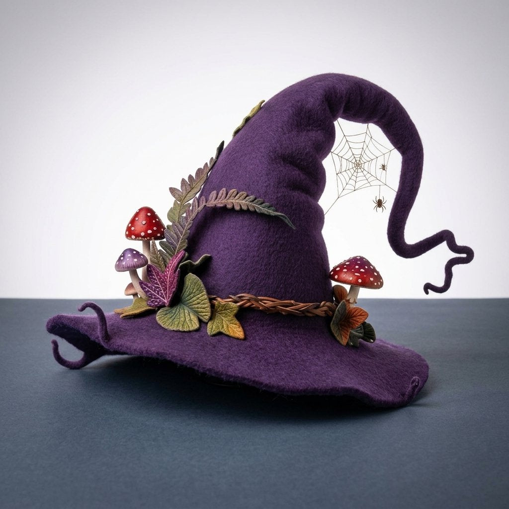 Handmade Felted Wool Witch Hat with Spiderweb Embroidery and Floral Accents