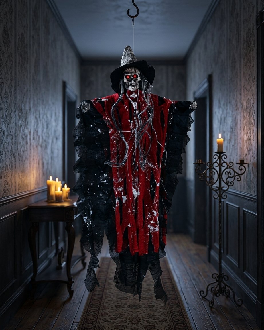 Hanging Skeleton Witch Ghost Prop with Light & Sound