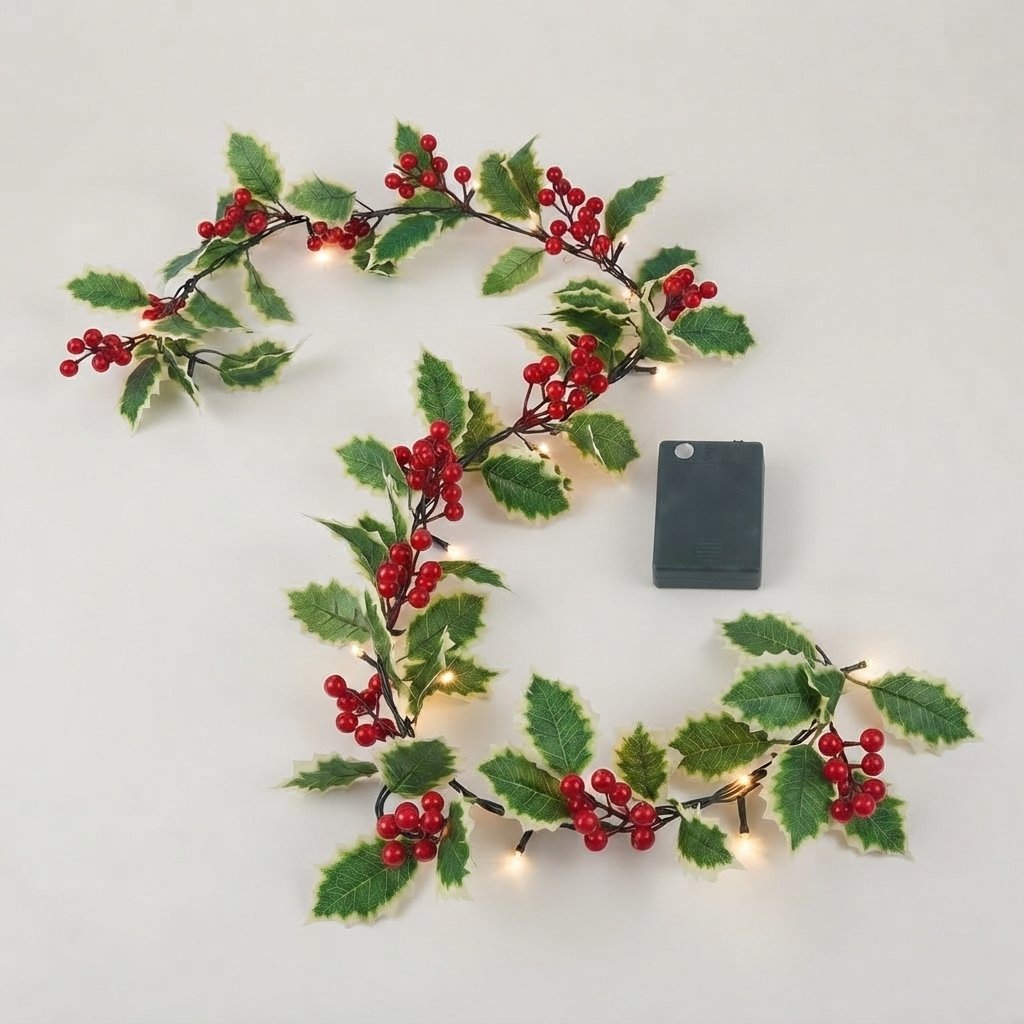 Holly Berry LED Garland with Warm Lights