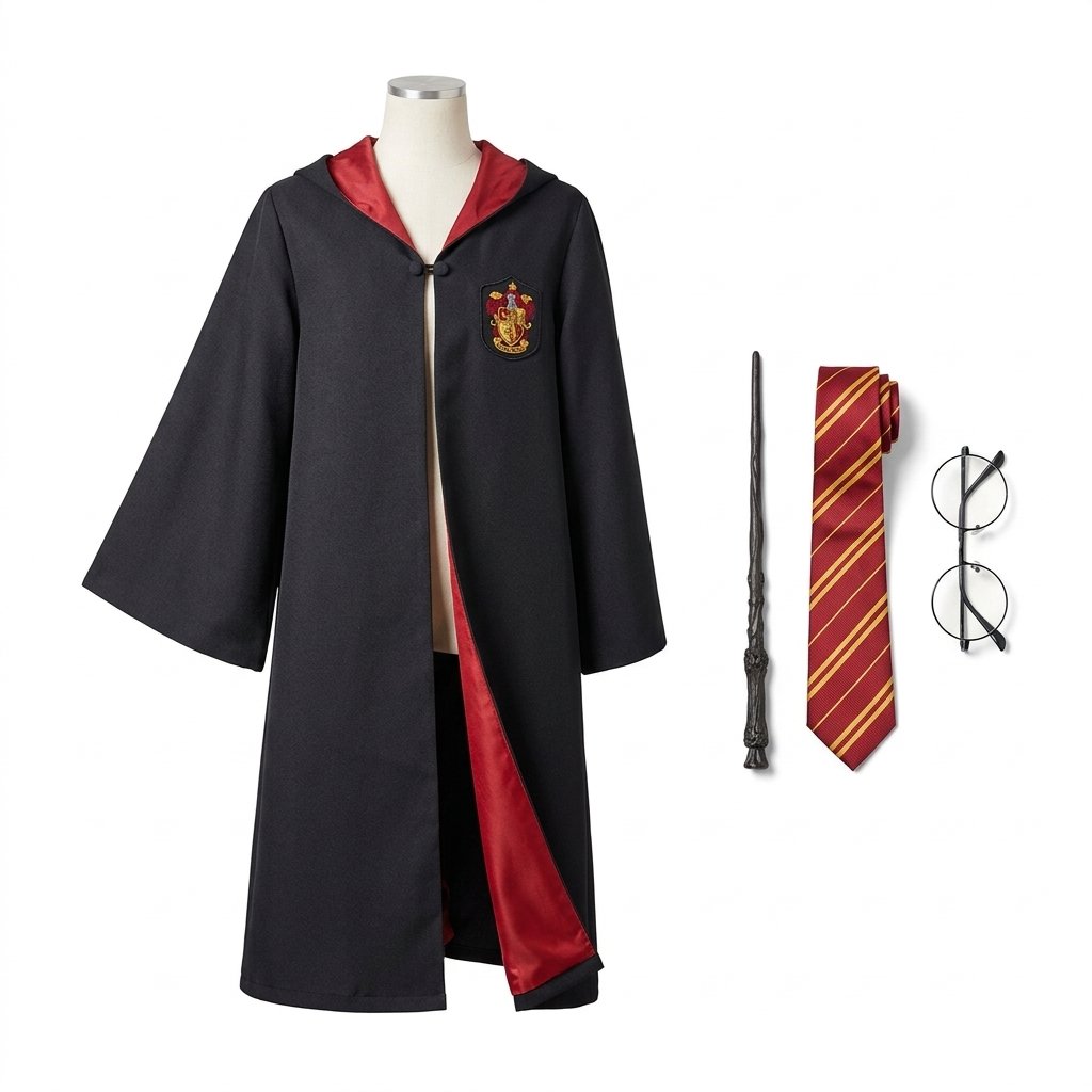 Hooded Wizard School Robe with Embroidered House Crest, Wand, Tie and Glasses